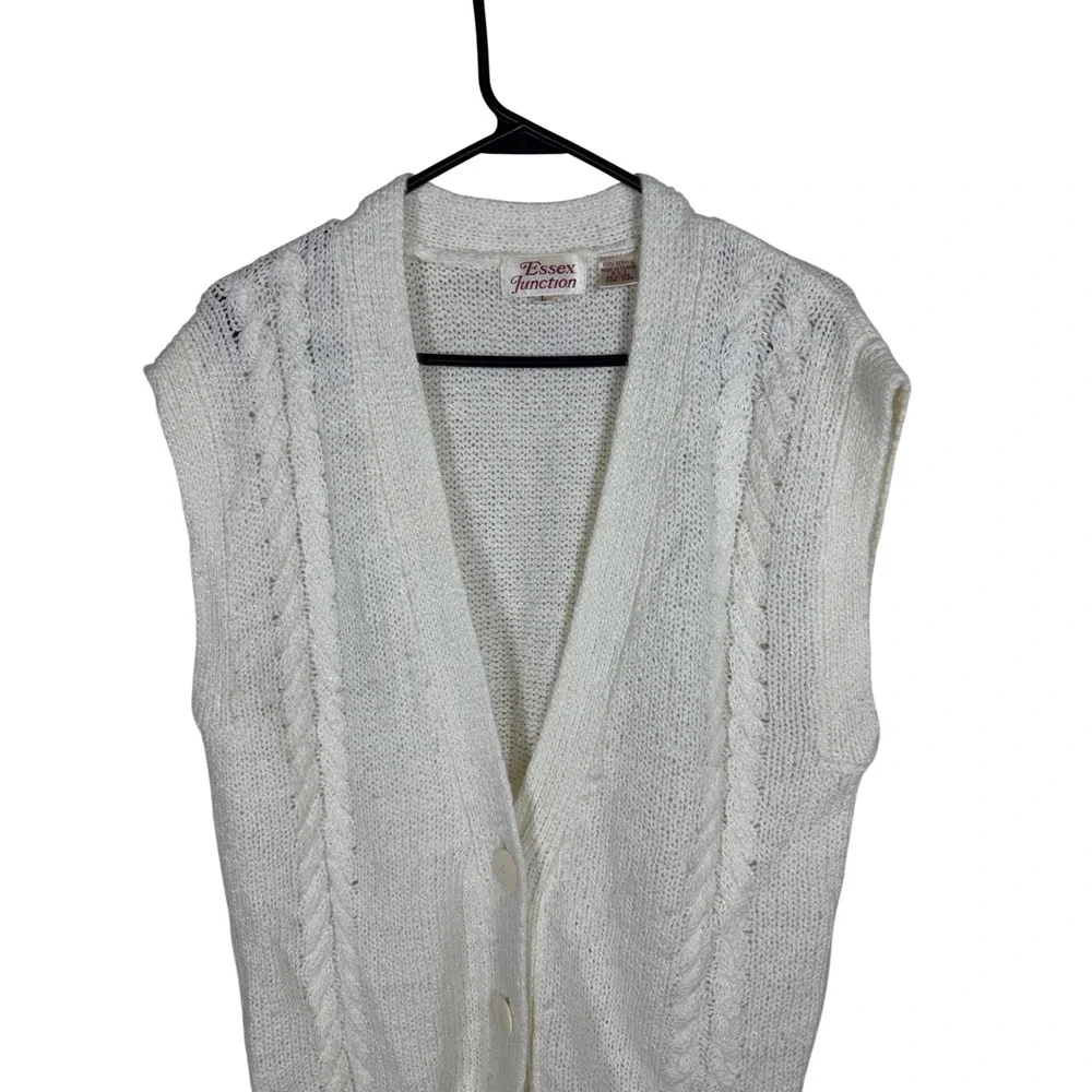 Essex Junction Vintage Cream Cable Knit Button Front V-Neck Sweater Vest Large